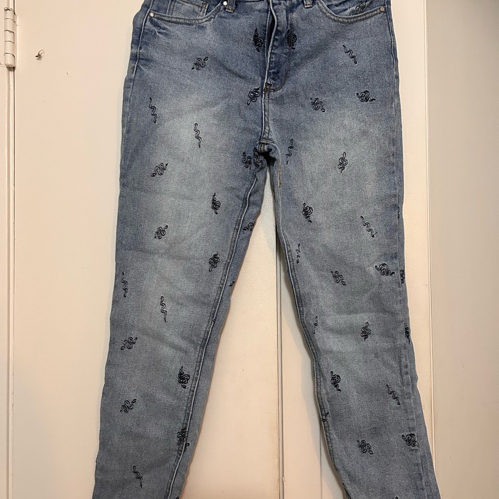 Tinseltown Blue Skinny Jeans with Playful Patterns sz 7 snakes